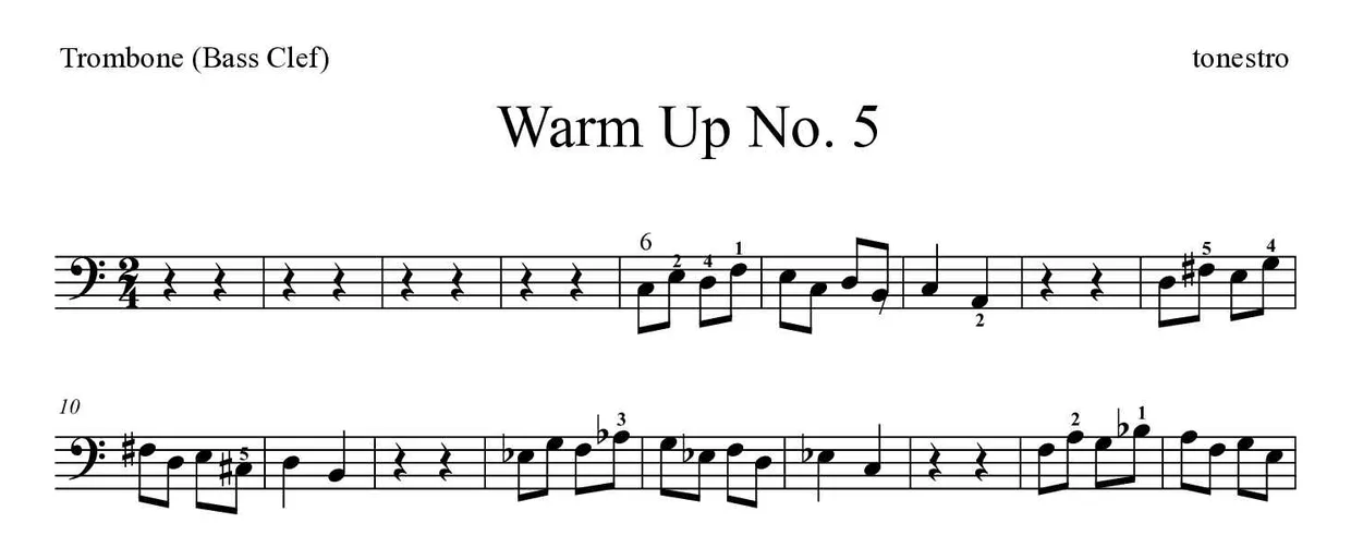 Bladmuziek van Warm Up No. 5 voor trombone, eerste regels