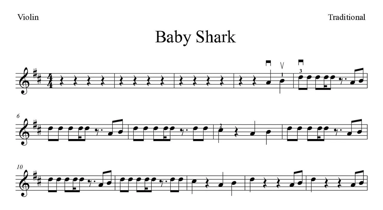 Partition de Baby Shark pour violon, premières lignes