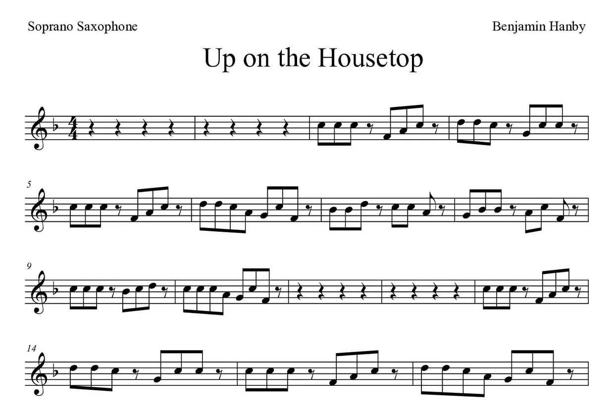 ‘Up on the Housetop’ Soprano Saxophone 악보의 첫 몇 줄