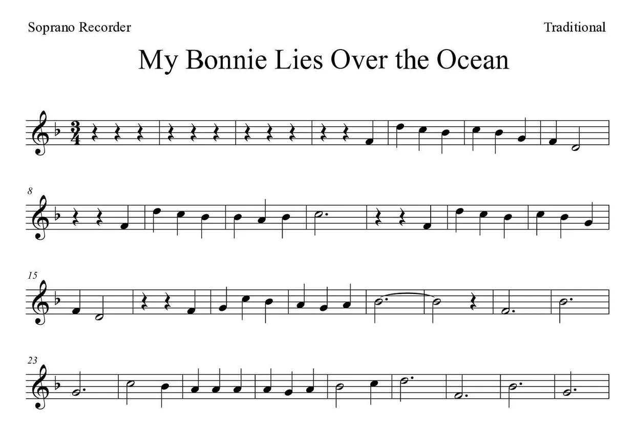 ‘My Bonnie Lies Over the Ocean’ Recorder 악보의 첫 몇 줄
