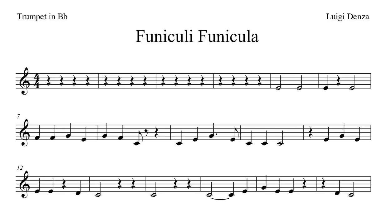Spartito di Funiculì, Funiculà per trumpet in Bb, prime righe