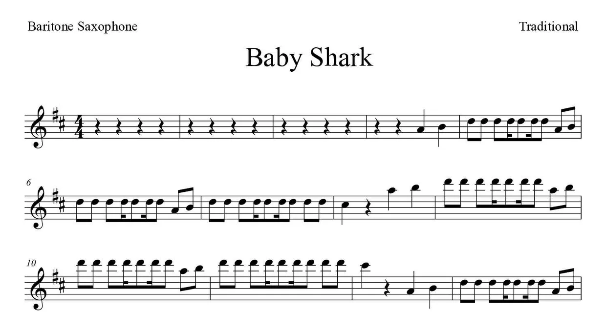 Noten von Baby Shark für Baritonsaxophon (Schwer), erste Zeilen