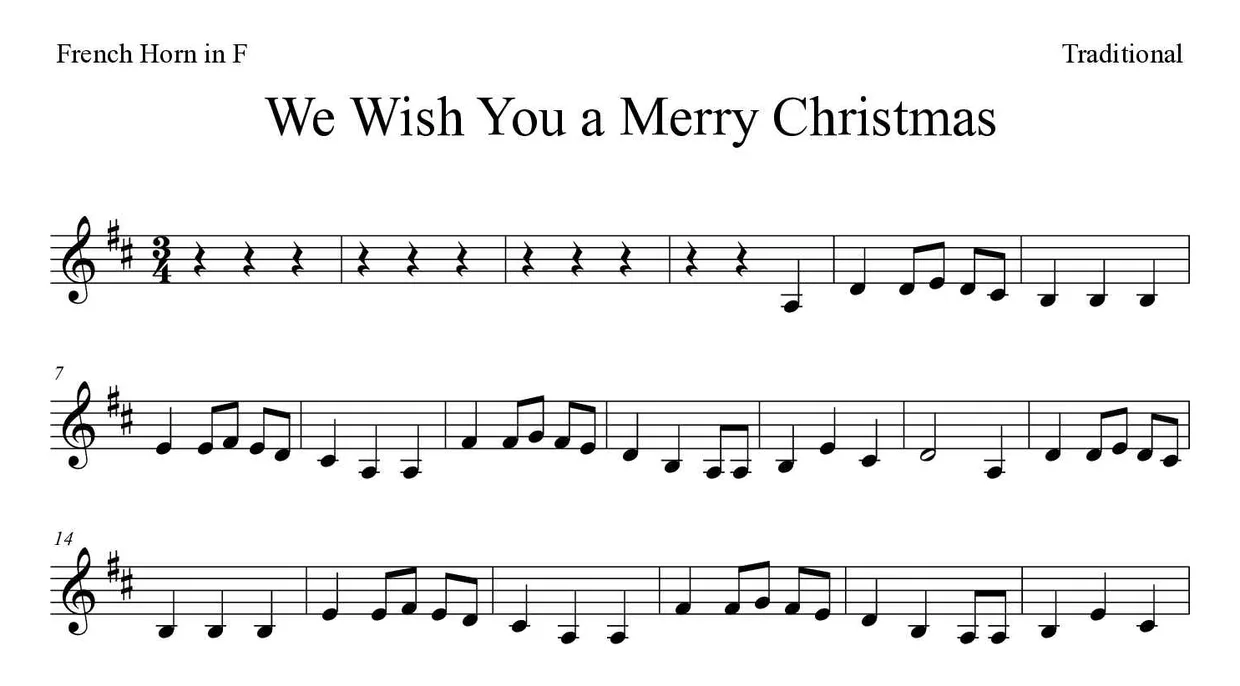 ‘We Wish You a Merry Christmas’ French Horn 악보의 첫 몇 줄
