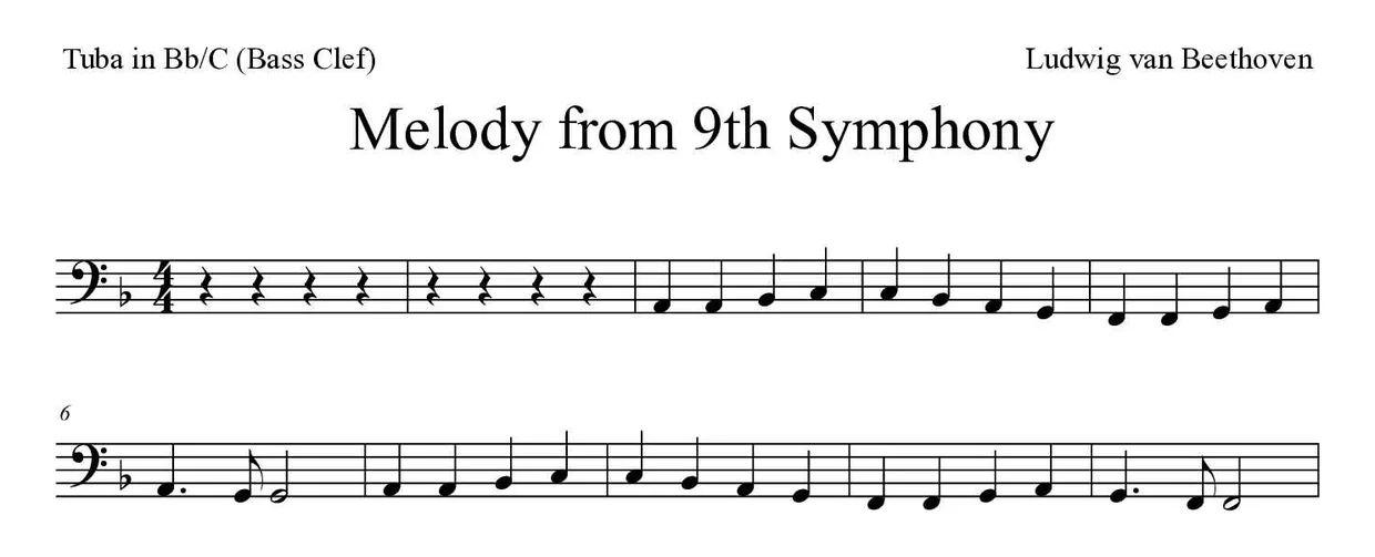 Partition de Melody from 9th Symphony pour tuba en si bémol/do (clé de fa), premières lignes