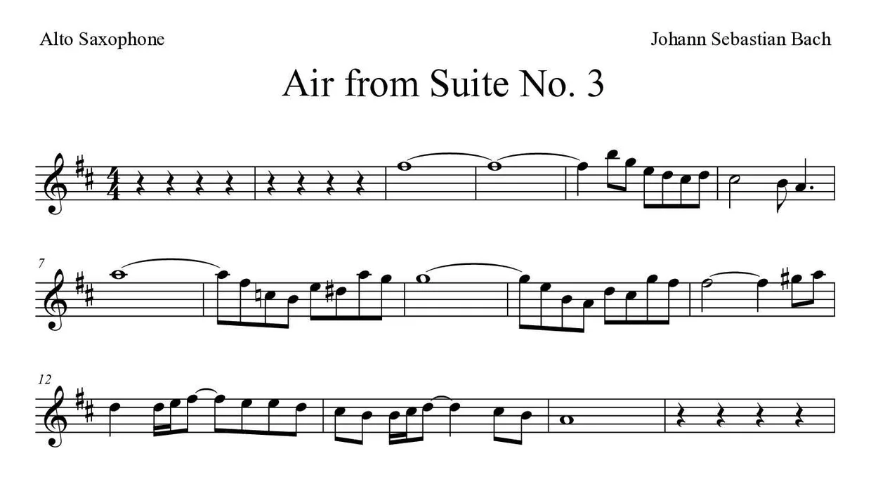 「Air from Suite No. 3」Alto Saxophone用楽譜の最初の数段