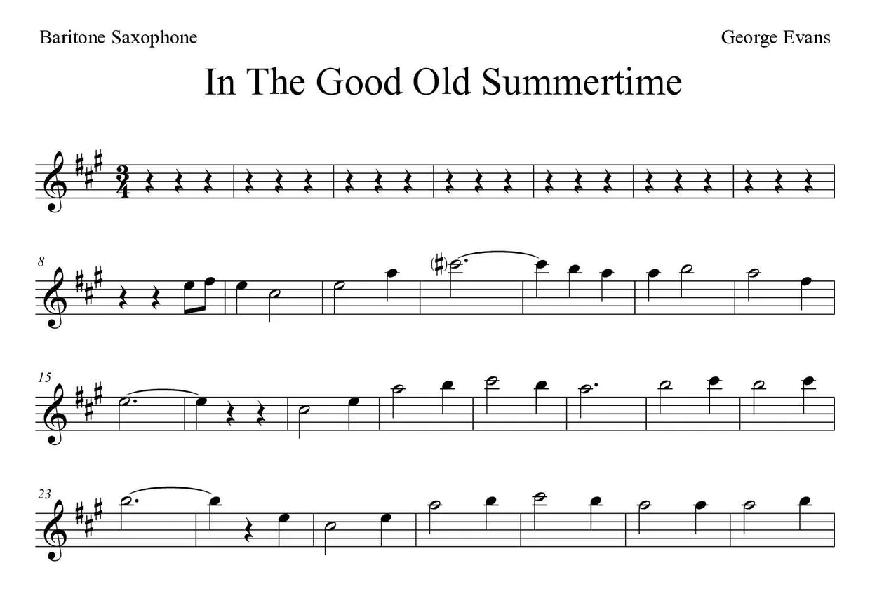 Sheet music of In The Good Old Summertime for baritone saxophone (Hard), first lines