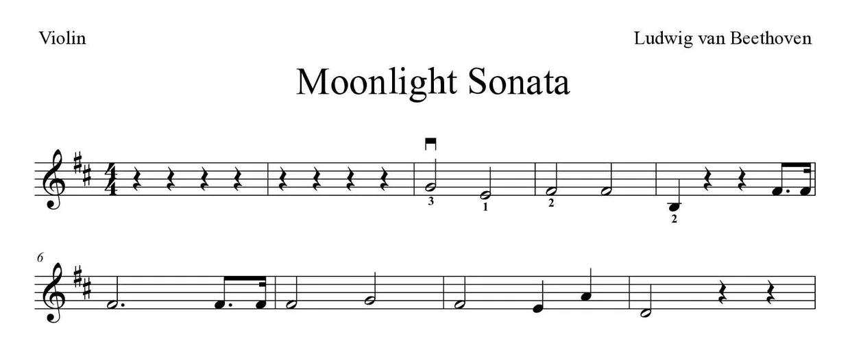 Partitura de Moonlight Sonata para violín, primeras líneas