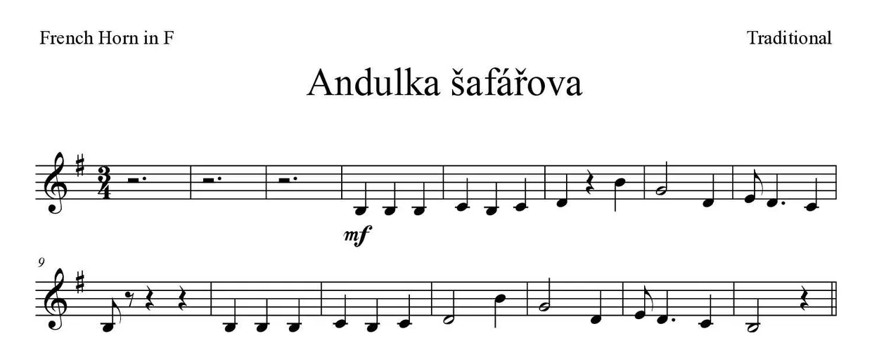 ‘Andulka šafářova’ French Horn 악보의 첫 몇 줄
