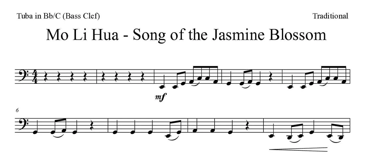 Noten von Mo Li Hua - Lied der Jasminblüte für Tuba in B/C (Bassschlüssel) (Mittel), erste Zeilen