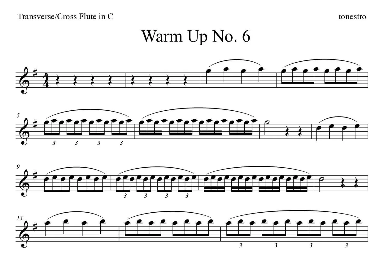 Noten von Warm Up Nr. 6 für Querflöte (Schwer), erste Zeilen