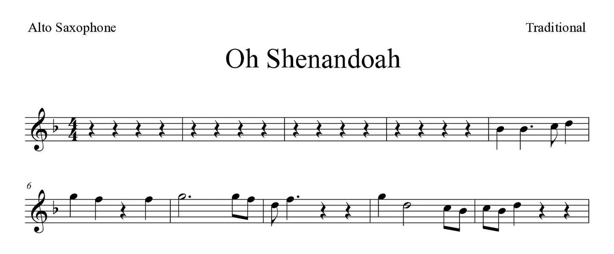 Partition de Oh Shenandoah pour saxophone alto, premières lignes
