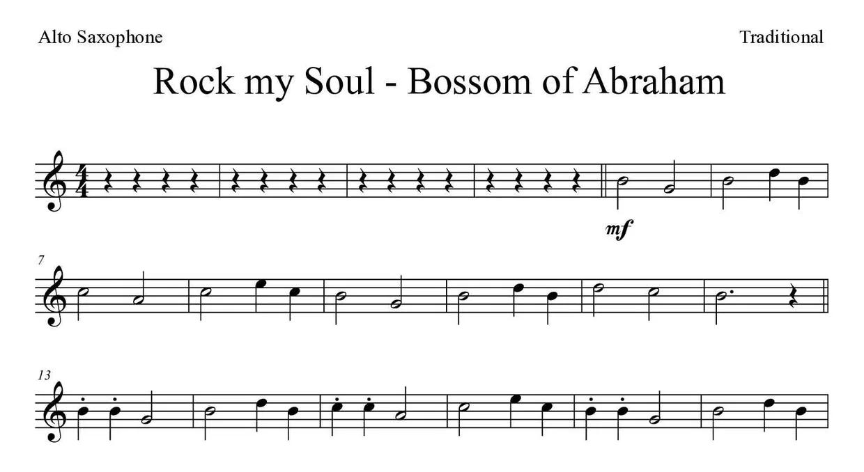 ‘Rock my Soul - Bossom of Abraham’ Alto Saxophone 악보의 첫 몇 줄