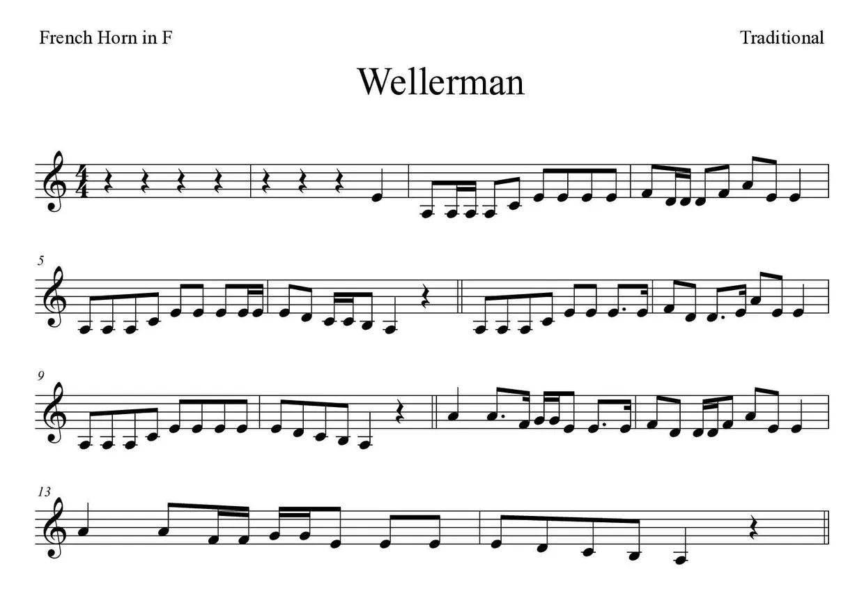 Partition de Wellerman pour cor d'harmonie, premières lignes