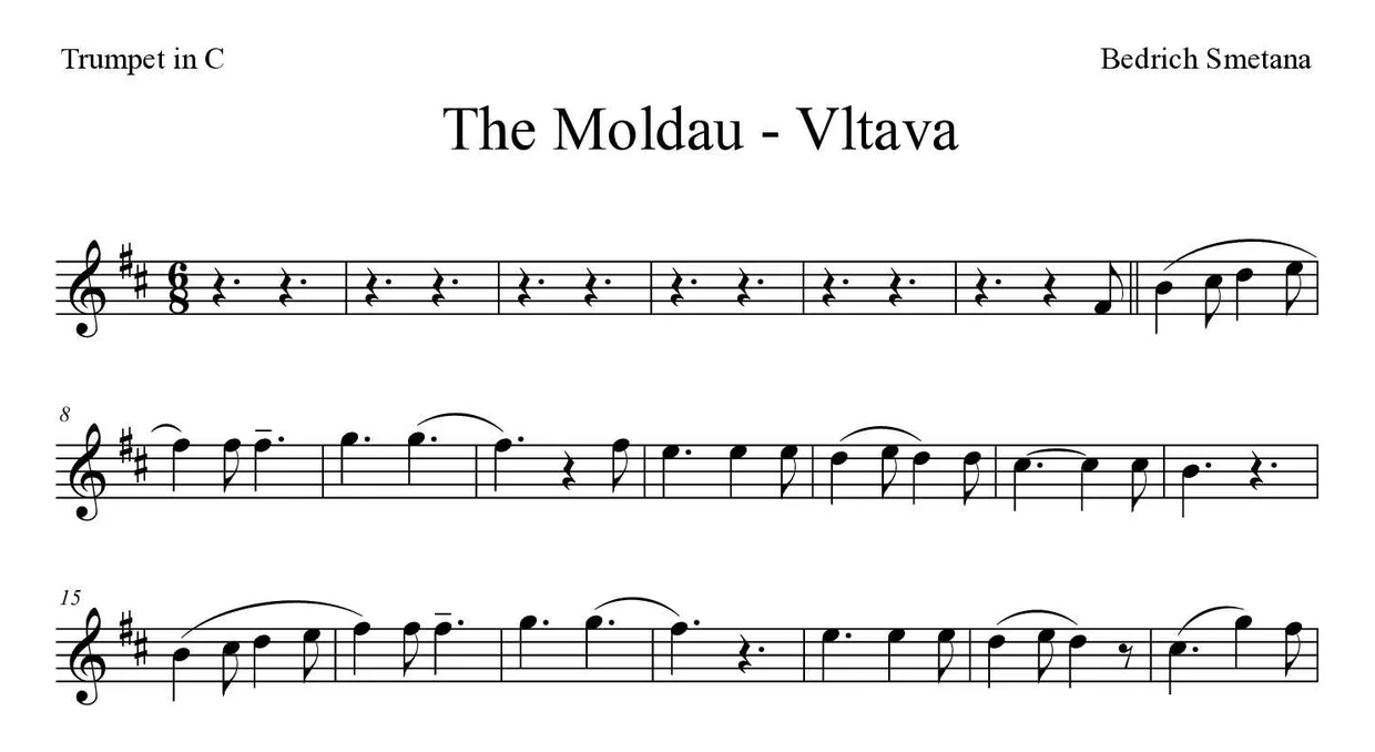 Sheet music of The Moldau - Vltava for trumpet in C (Expert), first lines