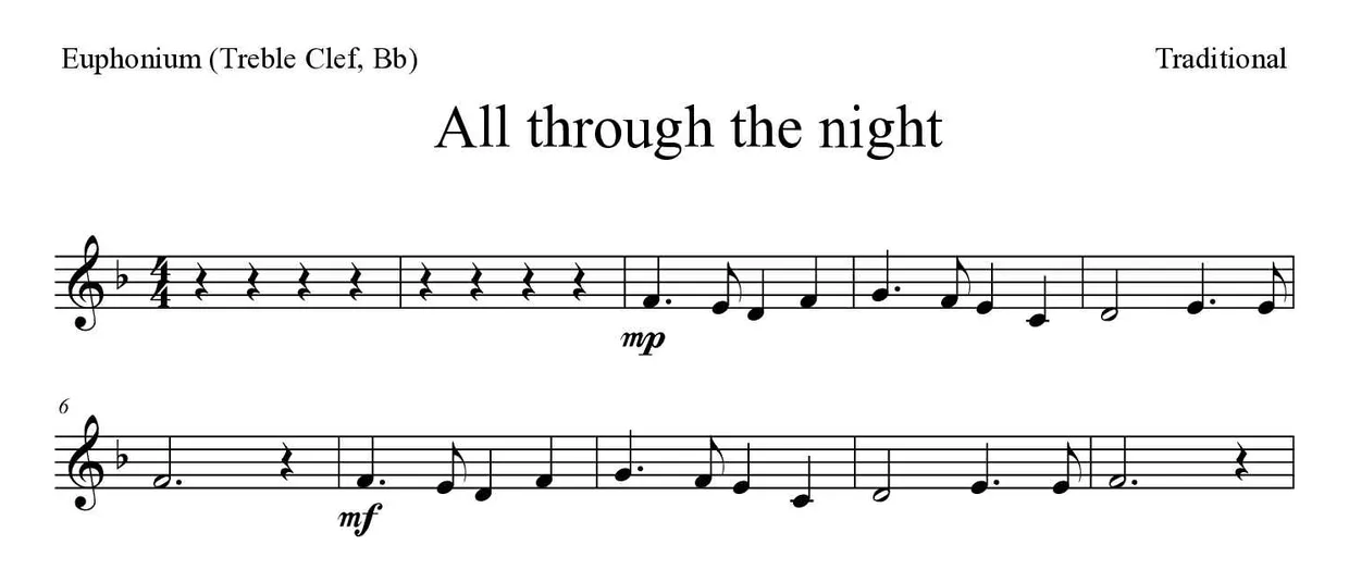 ‘All through the night’ Euphonium (Treble Clef, Bb) 악보의 첫 몇 줄