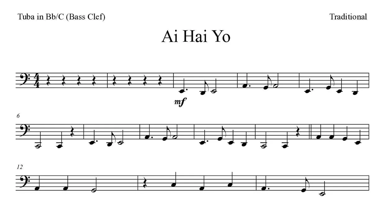 ‘Ai Hai Yo’ Tuba in Bb/C (Bass Clef) 악보의 첫 몇 줄