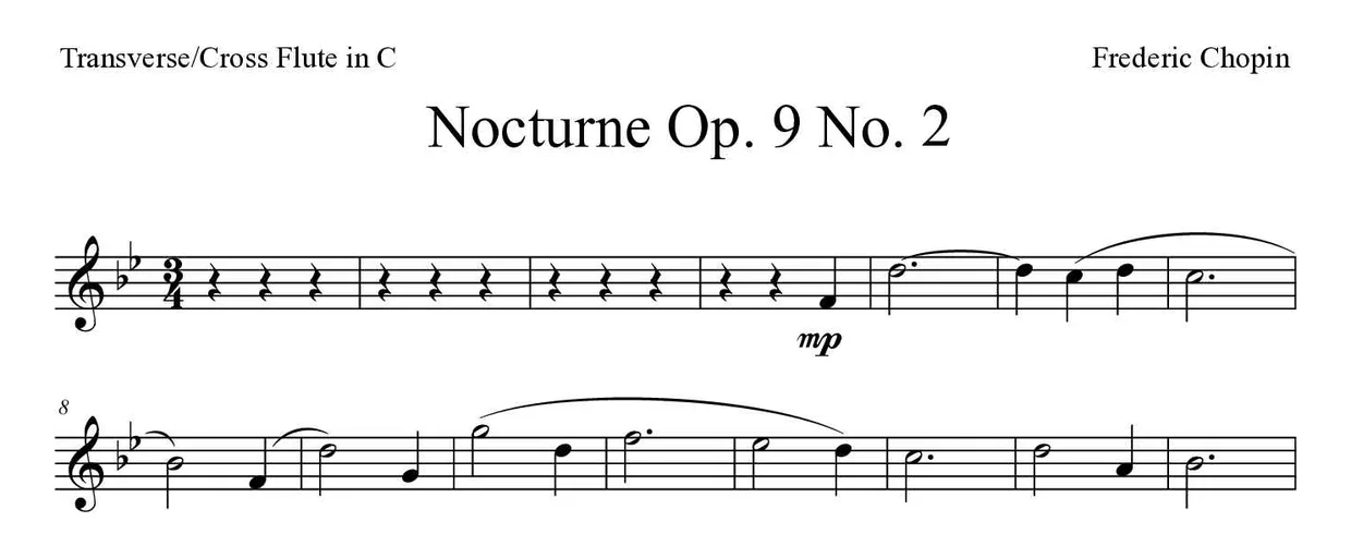 Sheet music of Nocturne Op. 9 No. 2 for flute (Hard), first lines