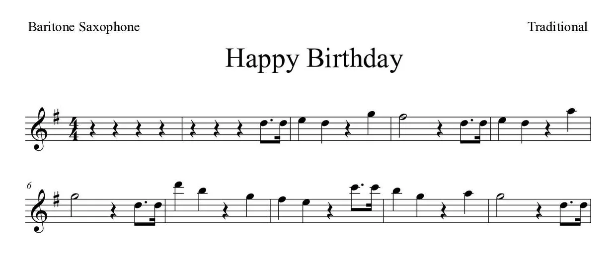 Sheet music of Happy Birthday for baritone saxophone (Hard), first lines