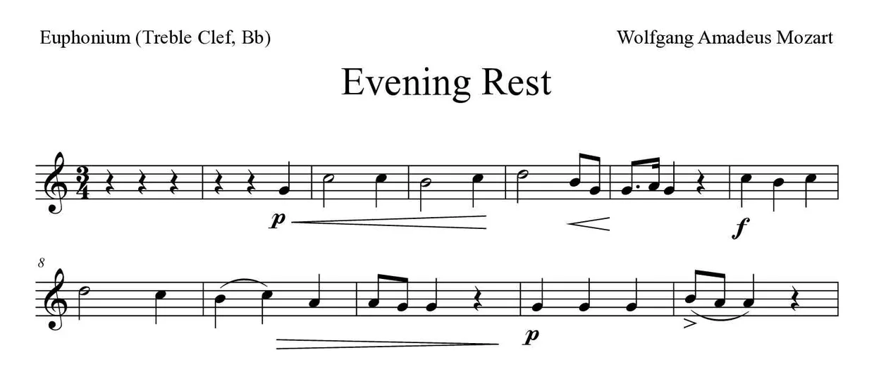 Sheet music of Evening Rest for euphonium (treble clef, Bb) (Medium), first lines