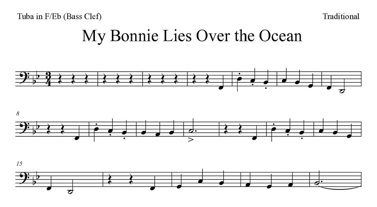 Spartito di My Bonnie Lies Over the Ocean per tuba in F/Eb (bass clef), prime righe