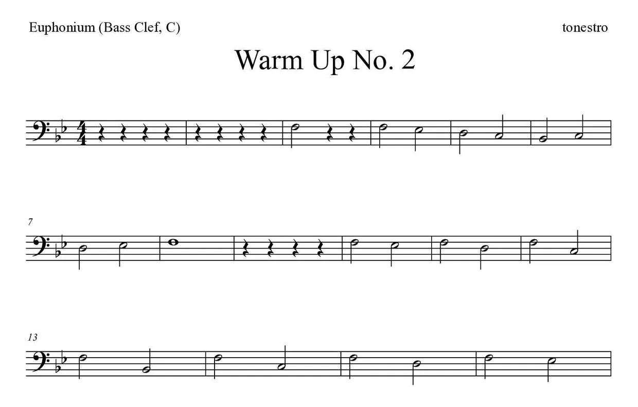 Bladmuziek van Warm Up No. 2 voor euphonium (bass clef, C), eerste regels