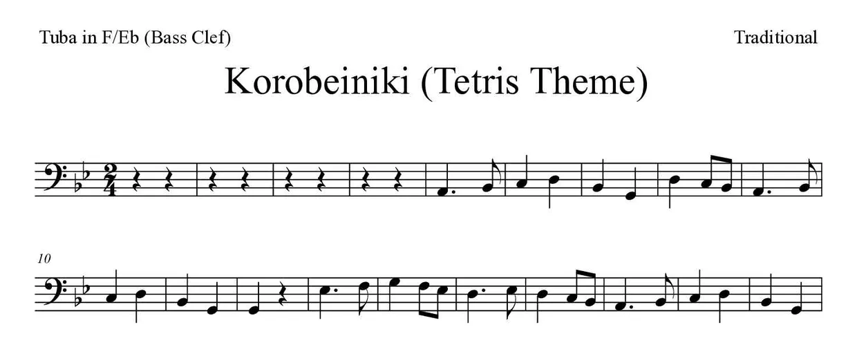 Partition de Korobeiniki (Tetris Theme) pour tuba en fa/mi bémol (clé de fa), premières lignes