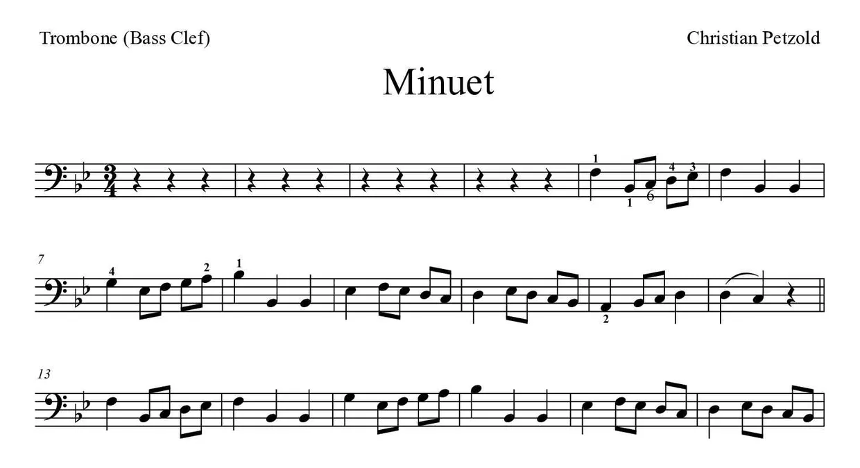 Partition de Menuet pour trombone, premières lignes
