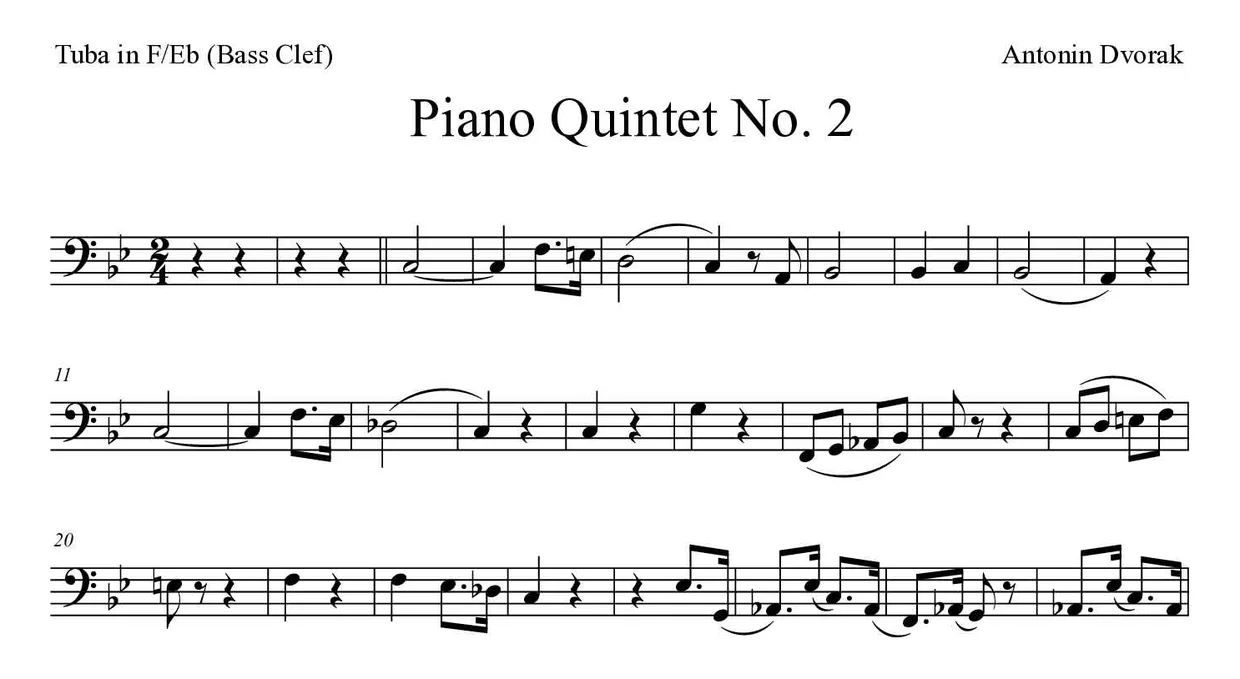 Noten von Klavierquintett Nr. 2 für Tuba in F/Es (Bassschlüssel) (Mittel), erste Zeilen