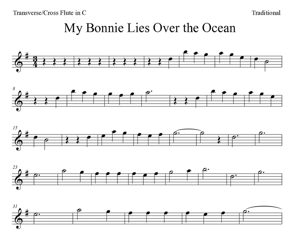 ‘My Bonnie Lies Over the Ocean’ Flute 악보의 첫 몇 줄