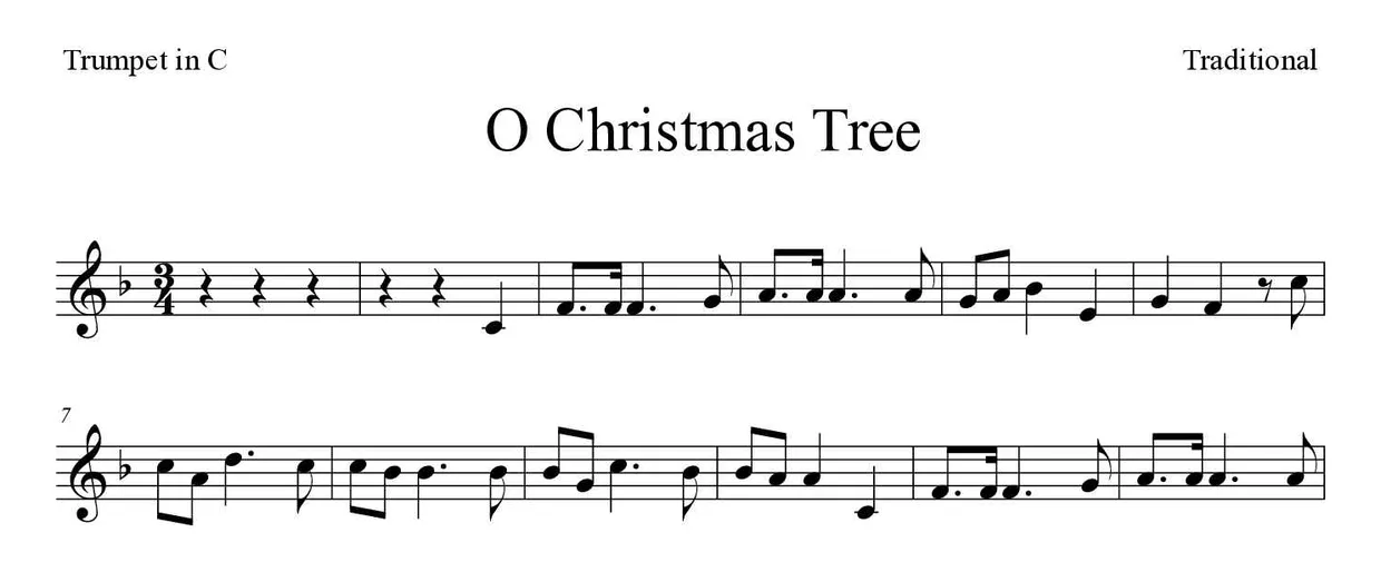 Partitura de O Christmas Tree para trompeta en Do, primeras líneas