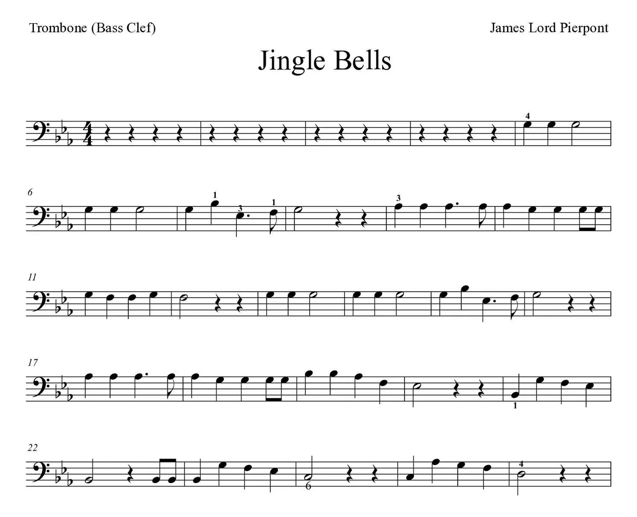 Noten von Jingle Bells für Posaune (Mittel), erste Zeilen