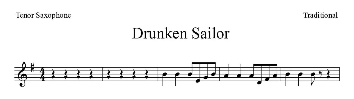 Sheet music of Drunken Sailor for tenor saxophone (Easy), first lines