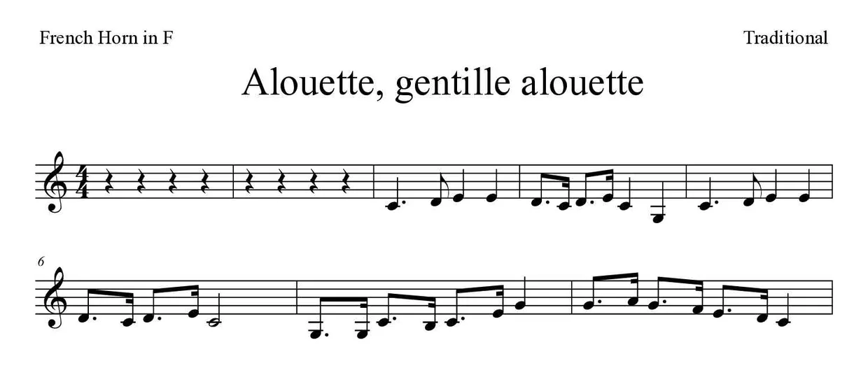 Partitura de Alouette, gentille alouette para trompa, primeras líneas