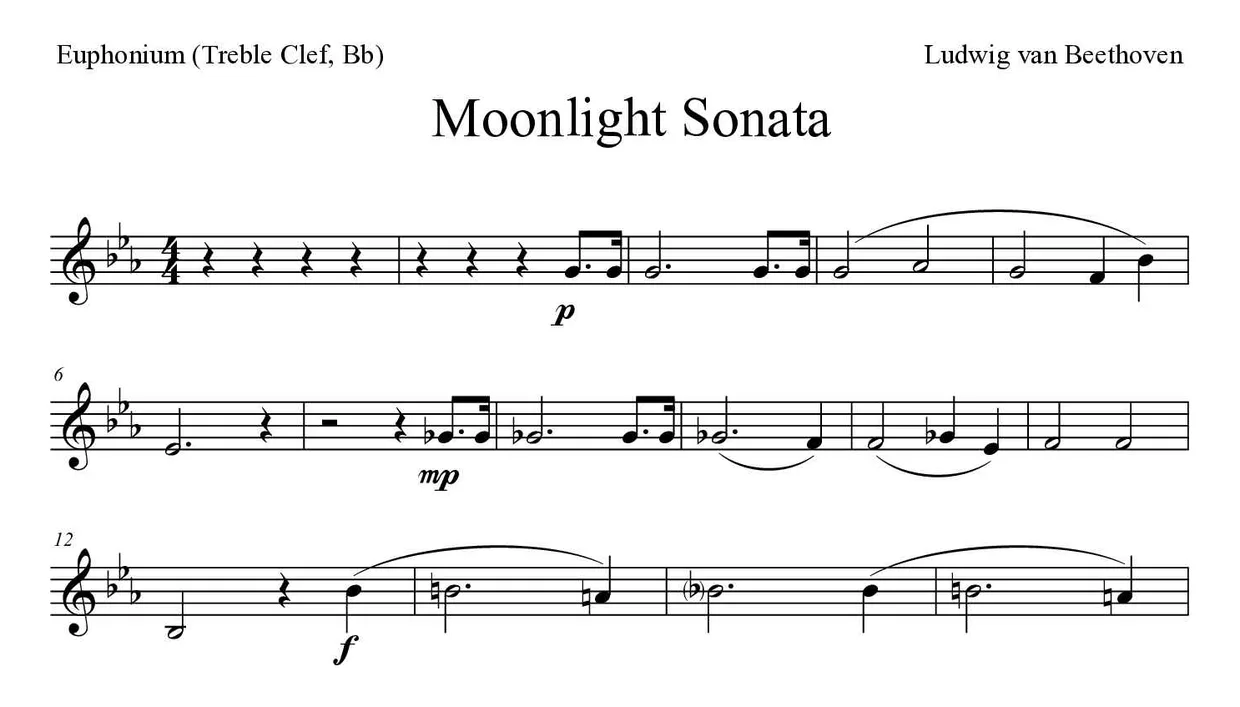 Partition de Moonlight Sonata pour euphonium (clé de sol, si bémol), premières lignes