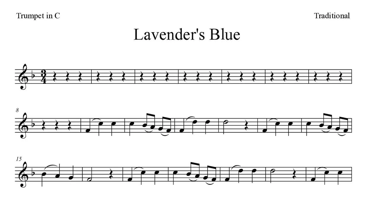 Partitura de Lavender's Blue para trompete em Do, primeiras linhas