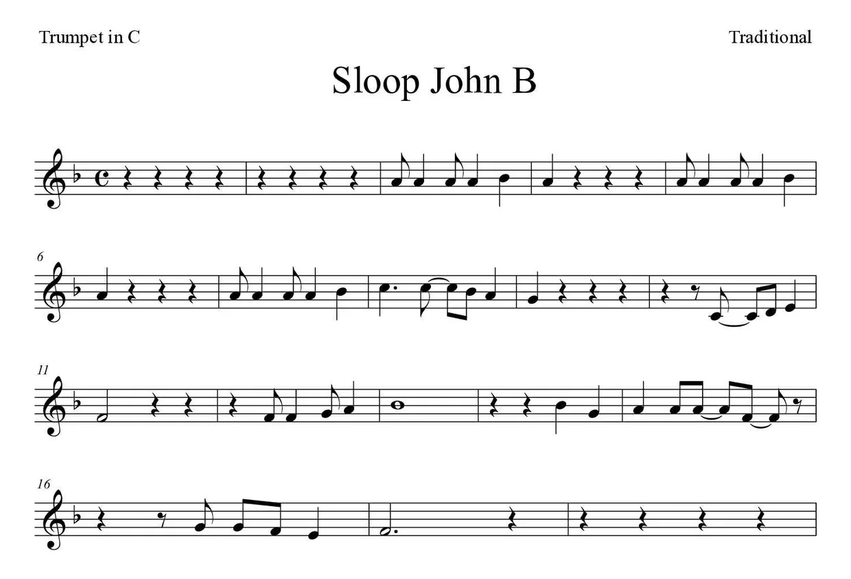 Noten von Sloop John B für Trompete in C (Mittel), erste Zeilen