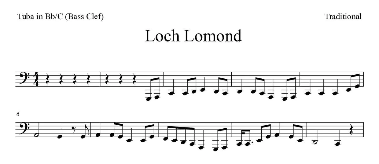 Noten von Loch Lomond für Tuba in B/C (Bassschlüssel) (Mittel), erste Zeilen