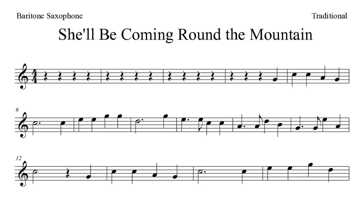 Spartito di She'll Be Coming Round the Mountain per baritone saxophone, prime righe