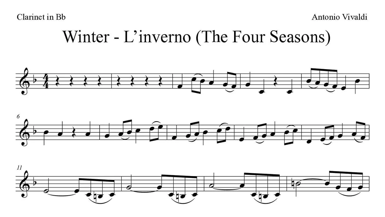 Sheet music of Winter - L’inverno (The Four Seasons) for clarinet (Medium), first lines