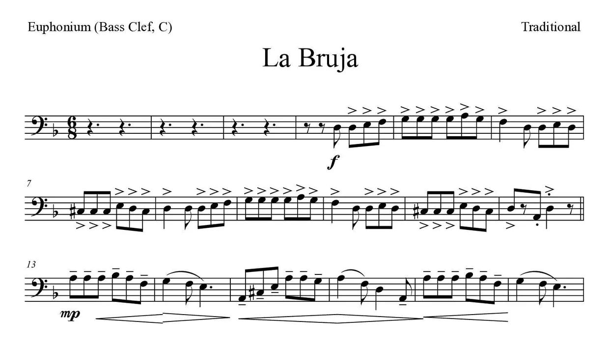 Partition de La Bruja pour euphonium (clé de fa, do), premières lignes