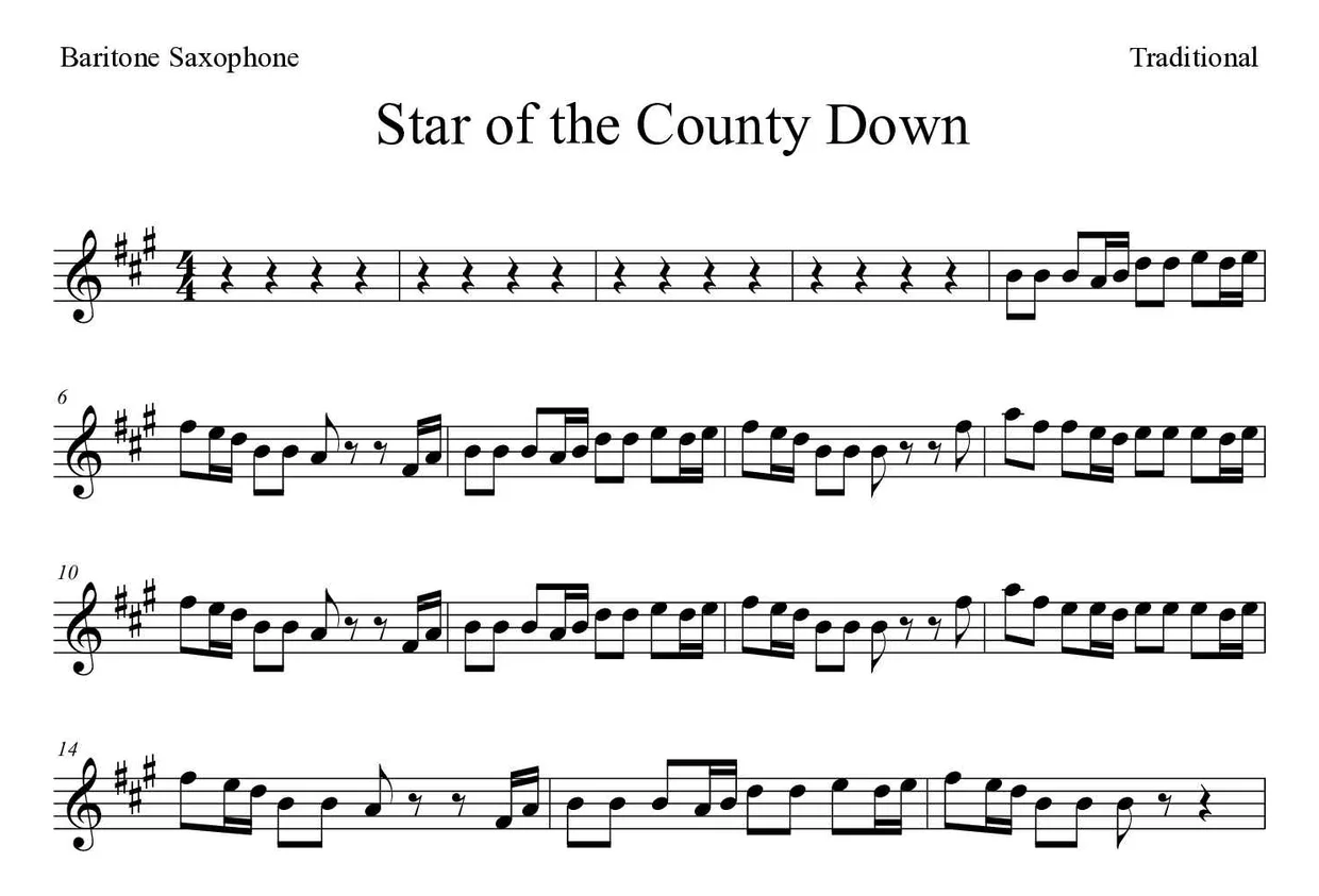 Sheet music of Star of the County Down for baritone saxophone (Hard), first lines