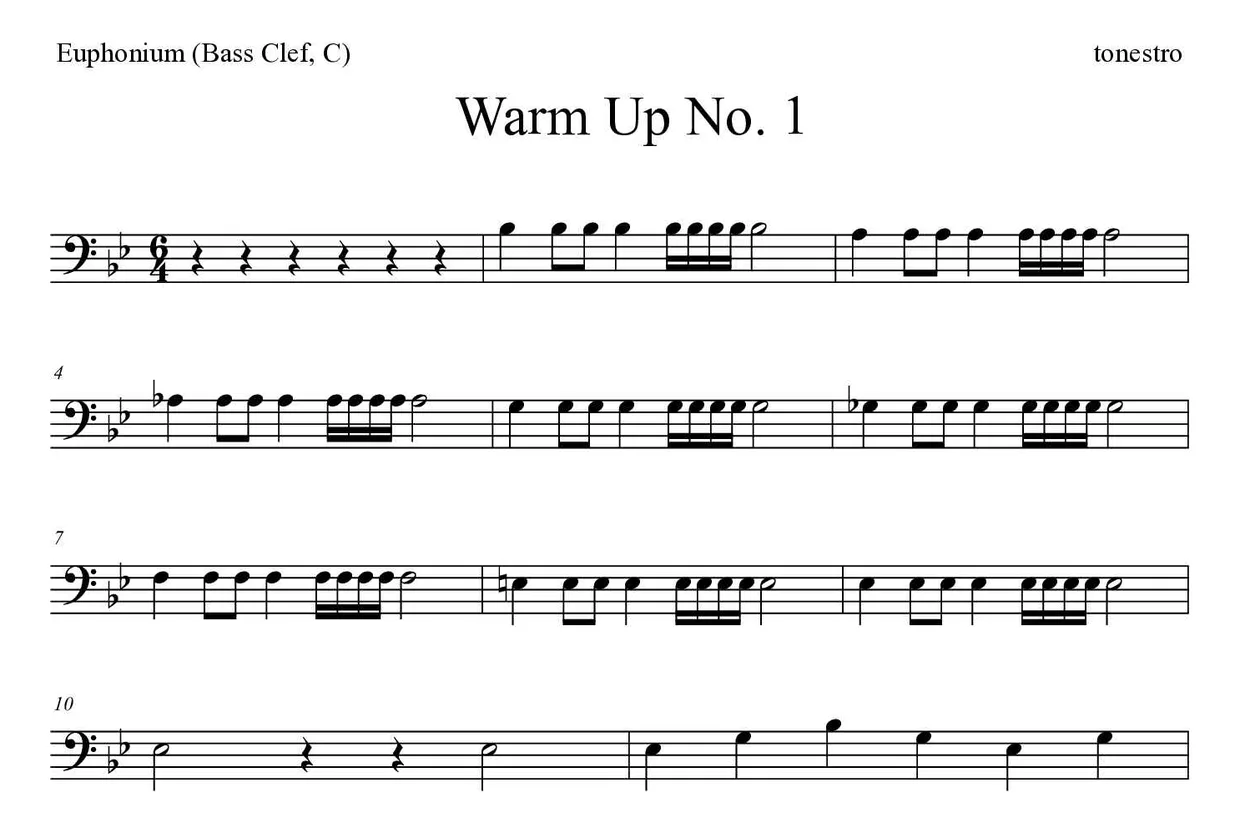 ‘Warm Up No. 1’ Euphonium (Bass Clef, C) 악보의 첫 몇 줄