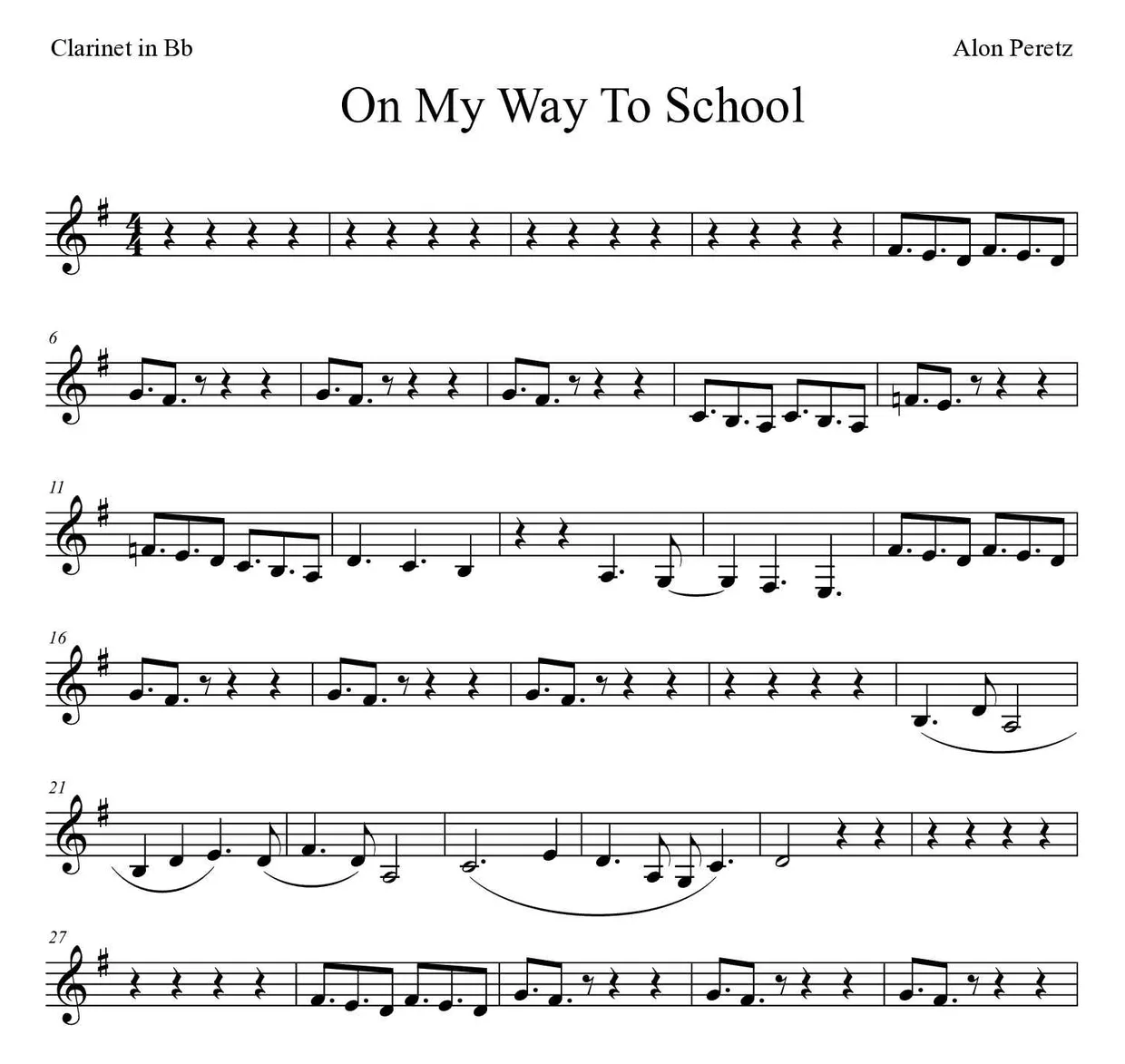 ‘On My Way To School’ Clarinet 악보의 첫 몇 줄