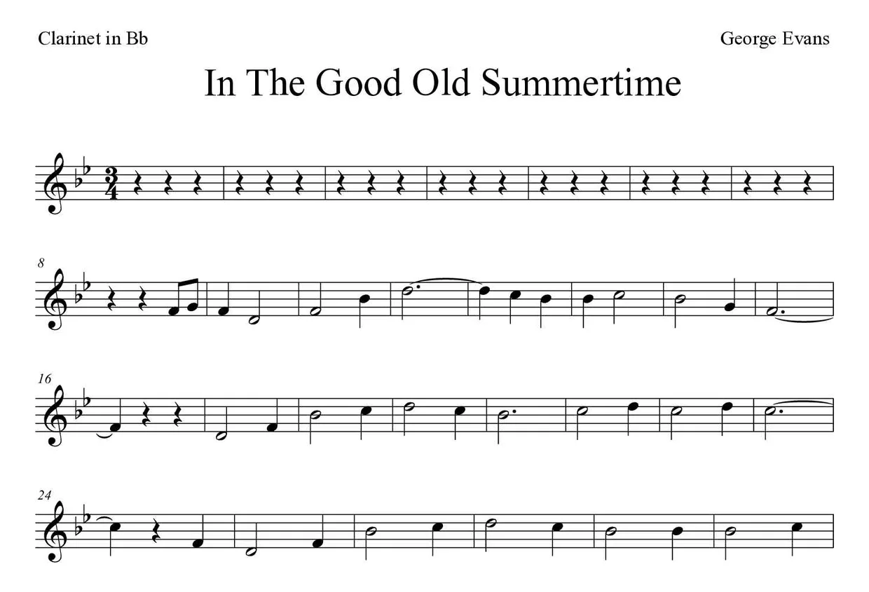 ‘In The Good Old Summertime’ Clarinet 악보의 첫 몇 줄