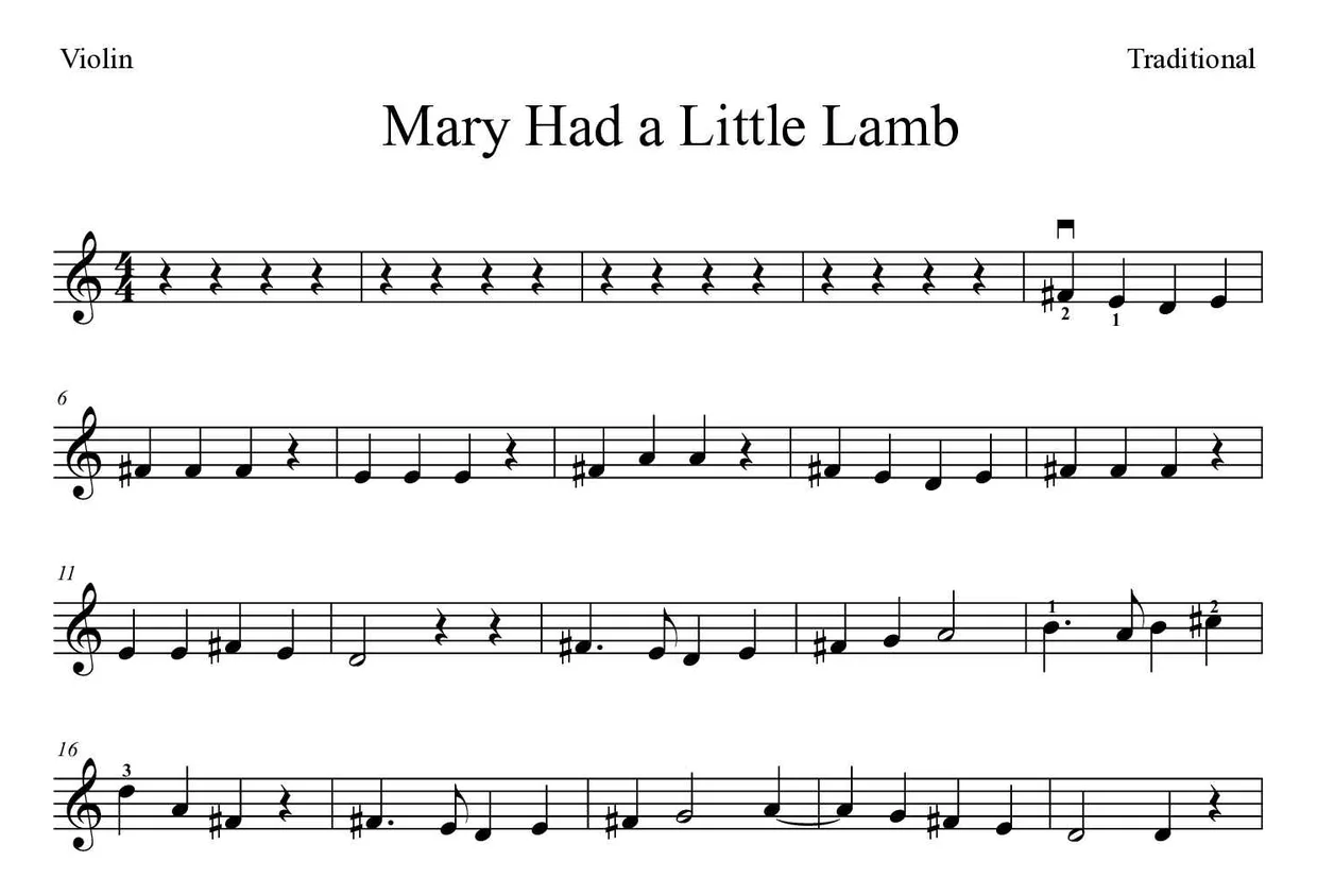 Partitura de Mary Had a Little Lamb para violino, primeiras linhas