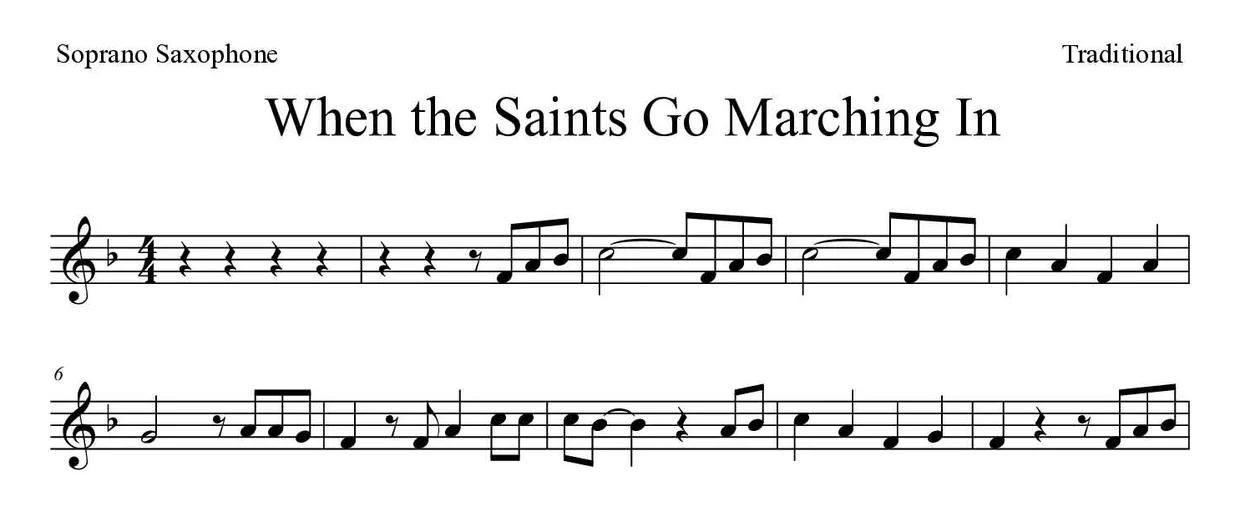 「When the Saints Go Marching In」Soprano Saxophone用楽譜の最初の数段