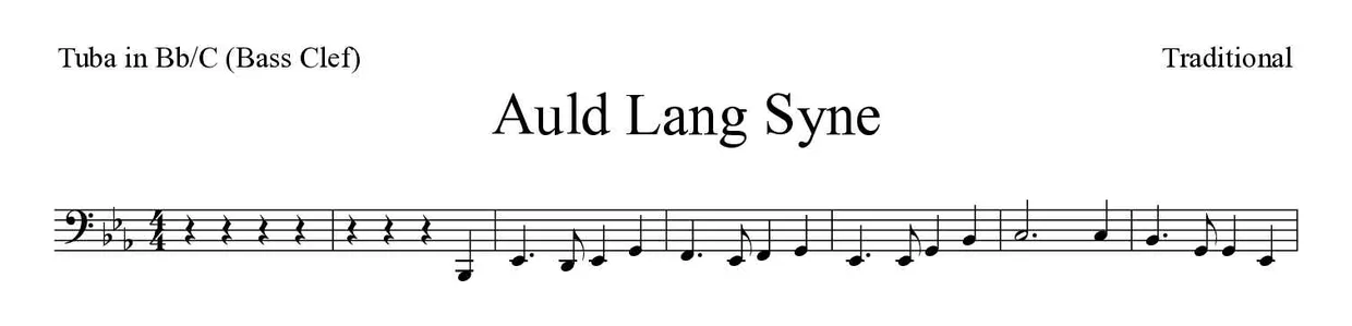 《Auld Lang Syne》降B/C调大号（低音谱号）乐谱前几行