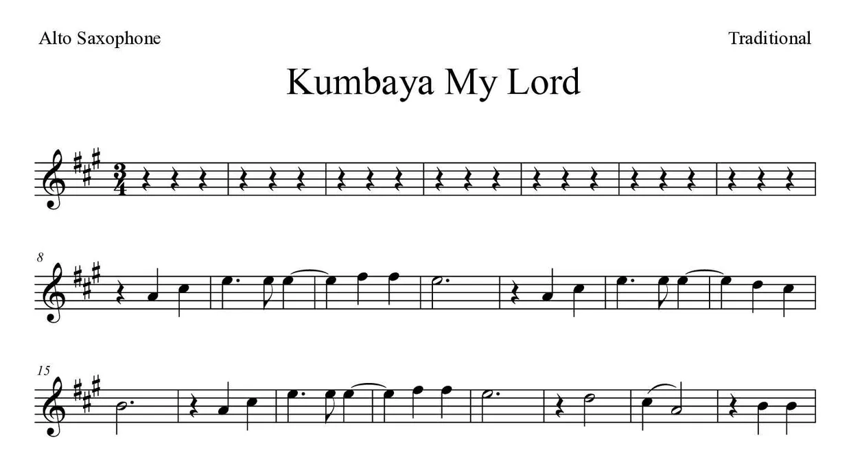 「Kumbaya My Lord」Alto Saxophone用楽譜の最初の数段