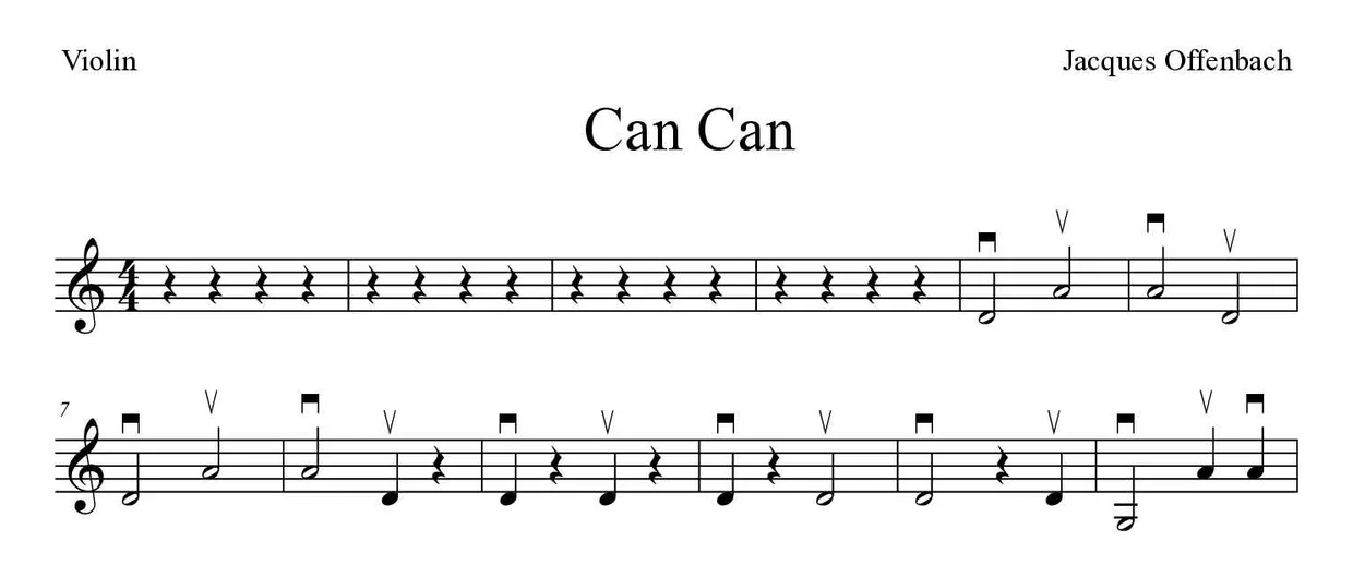 Sheet music of Can Can for violin (Easy), first lines
