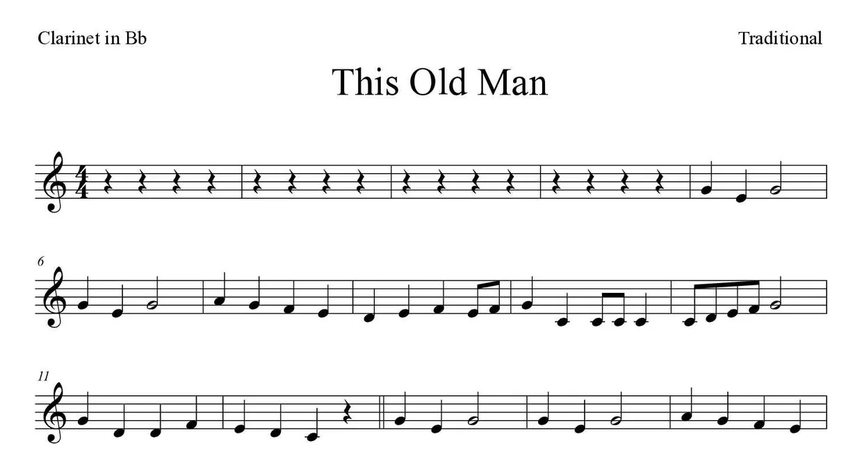Partitura de This Old Man para clarinete, primeras líneas